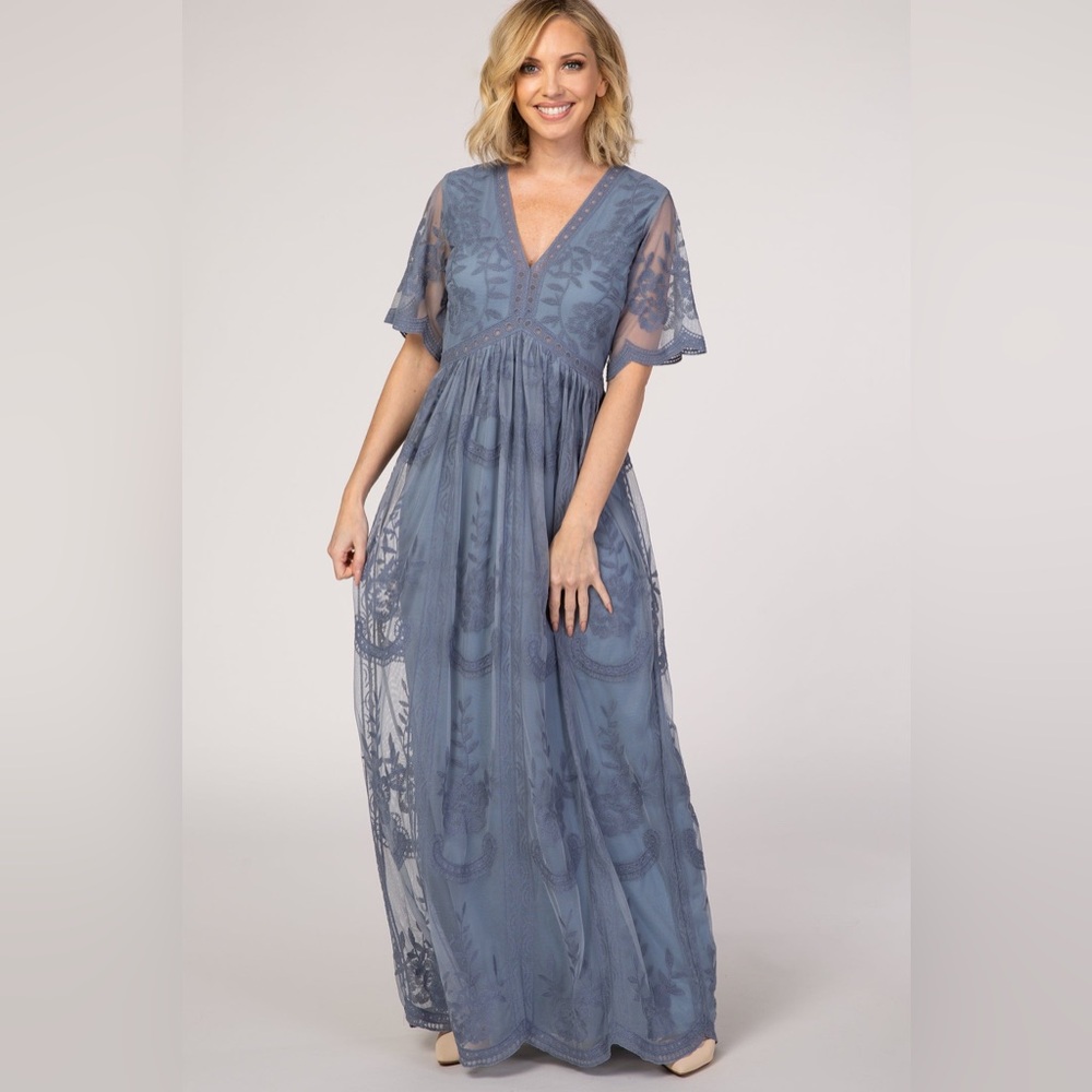 PinkBlush Blue Lace Mesh Overlay Maxi Dress size S